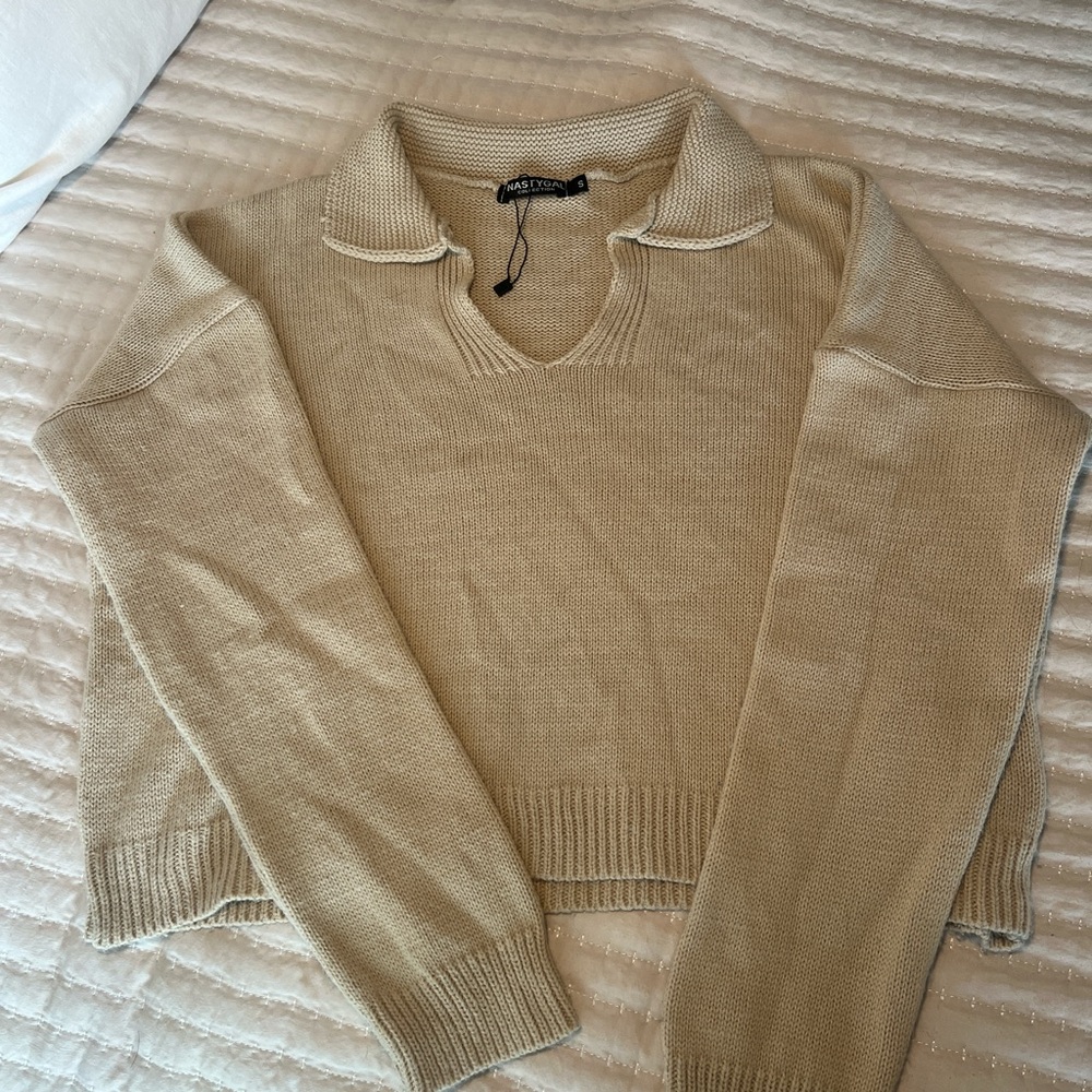 Oatmeal Collared V-Neck Sweater